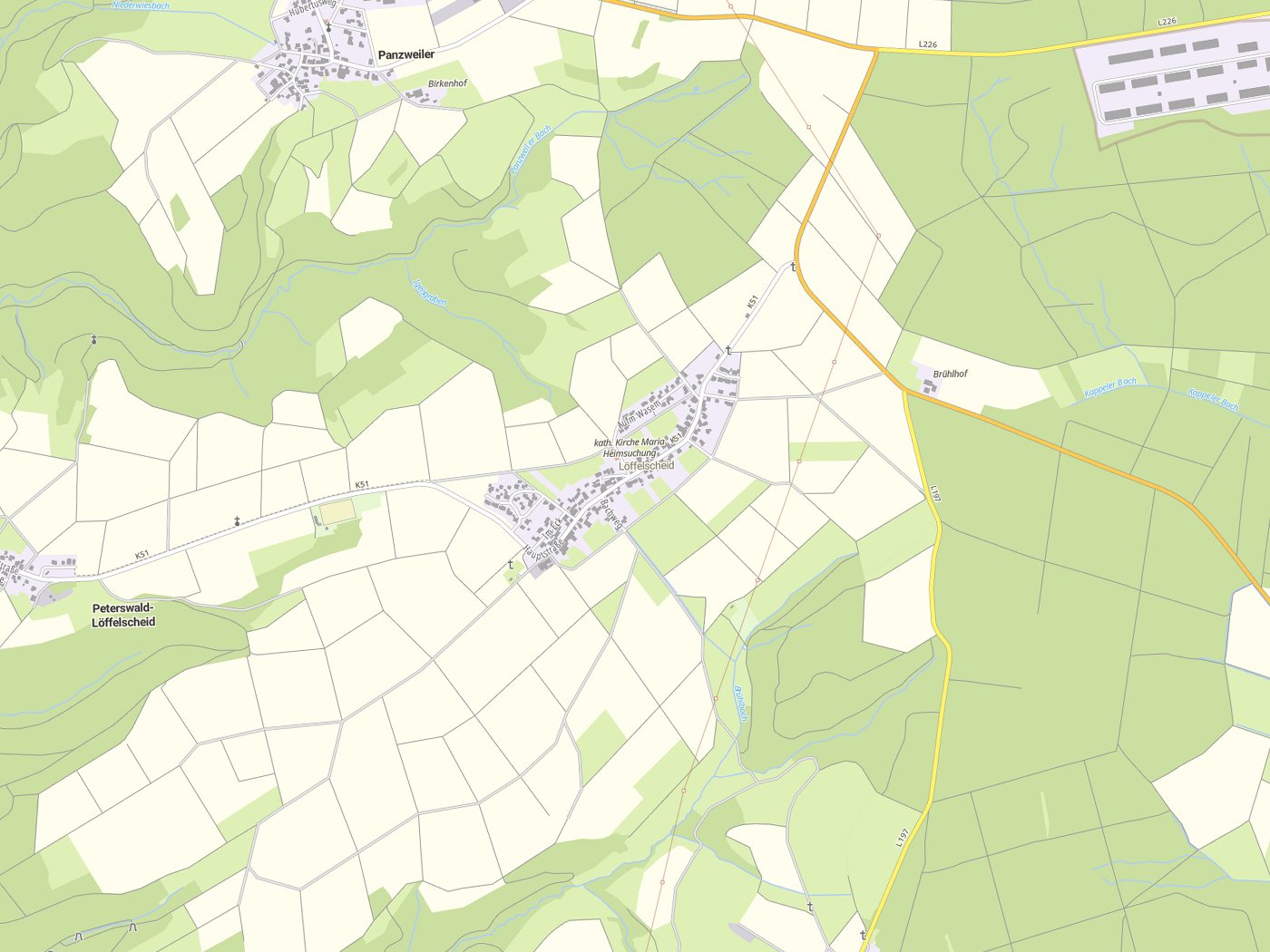 Kartenausschnitt Peterswald-Löffelscheid mit Gewässern