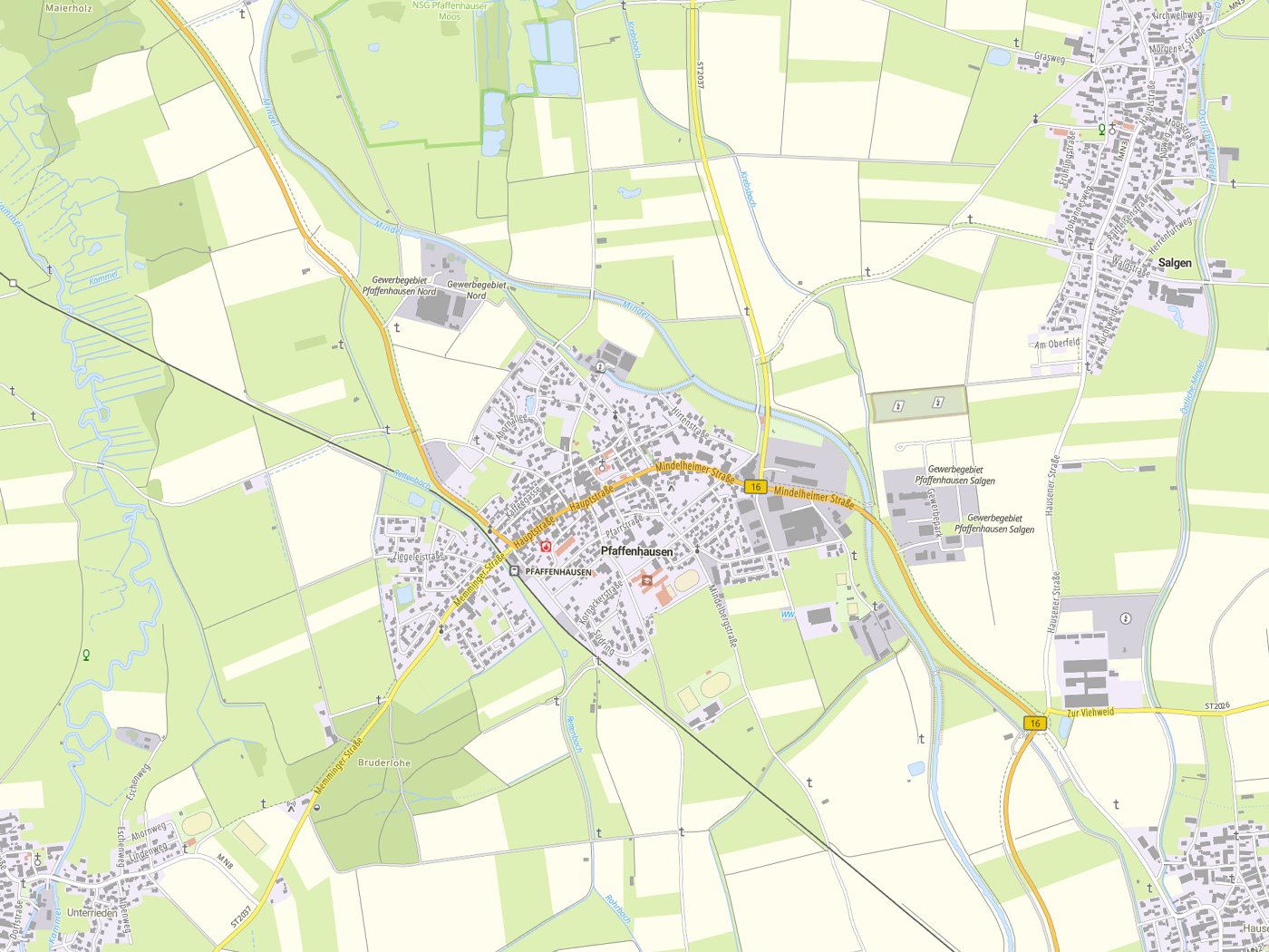Kartenausschnitt Pfaffenhausen mit Gewässern