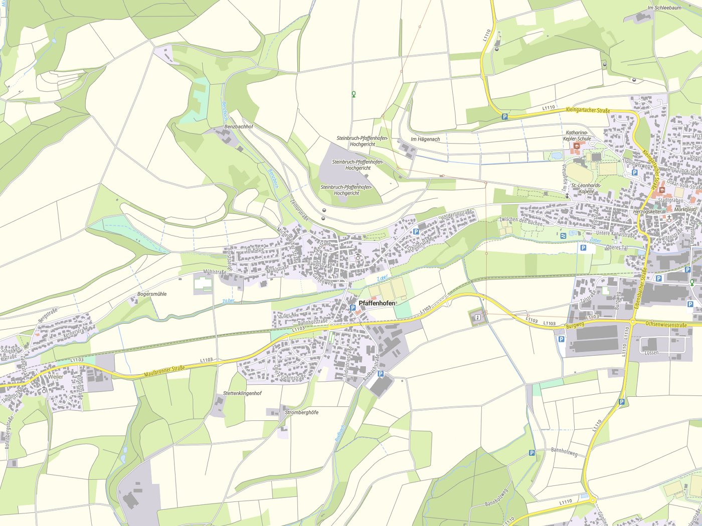 Kartenausschnitt Pfaffenhofen mit Gewässern
