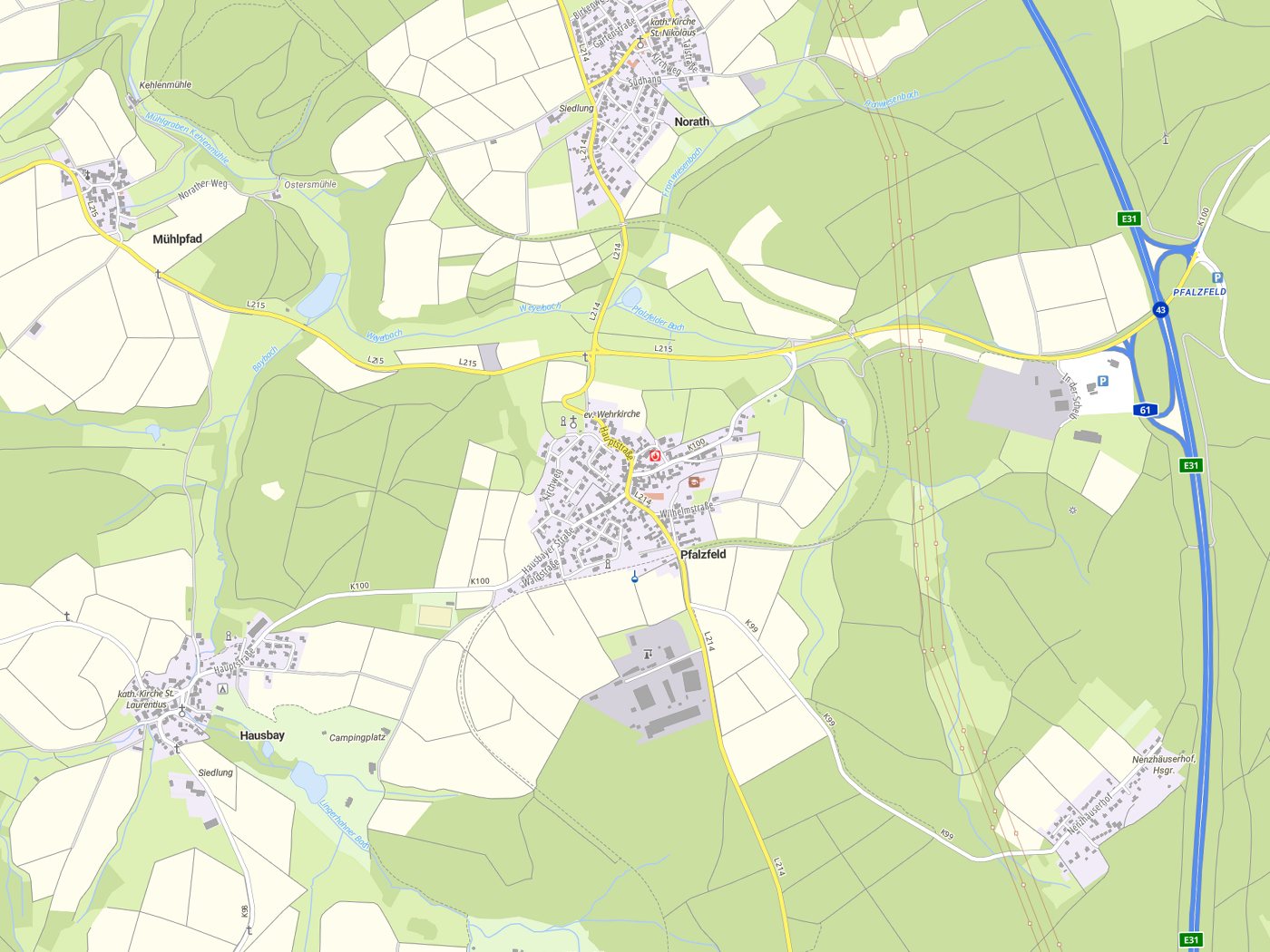 Kartenausschnitt Pfalzfeld mit Gewässern