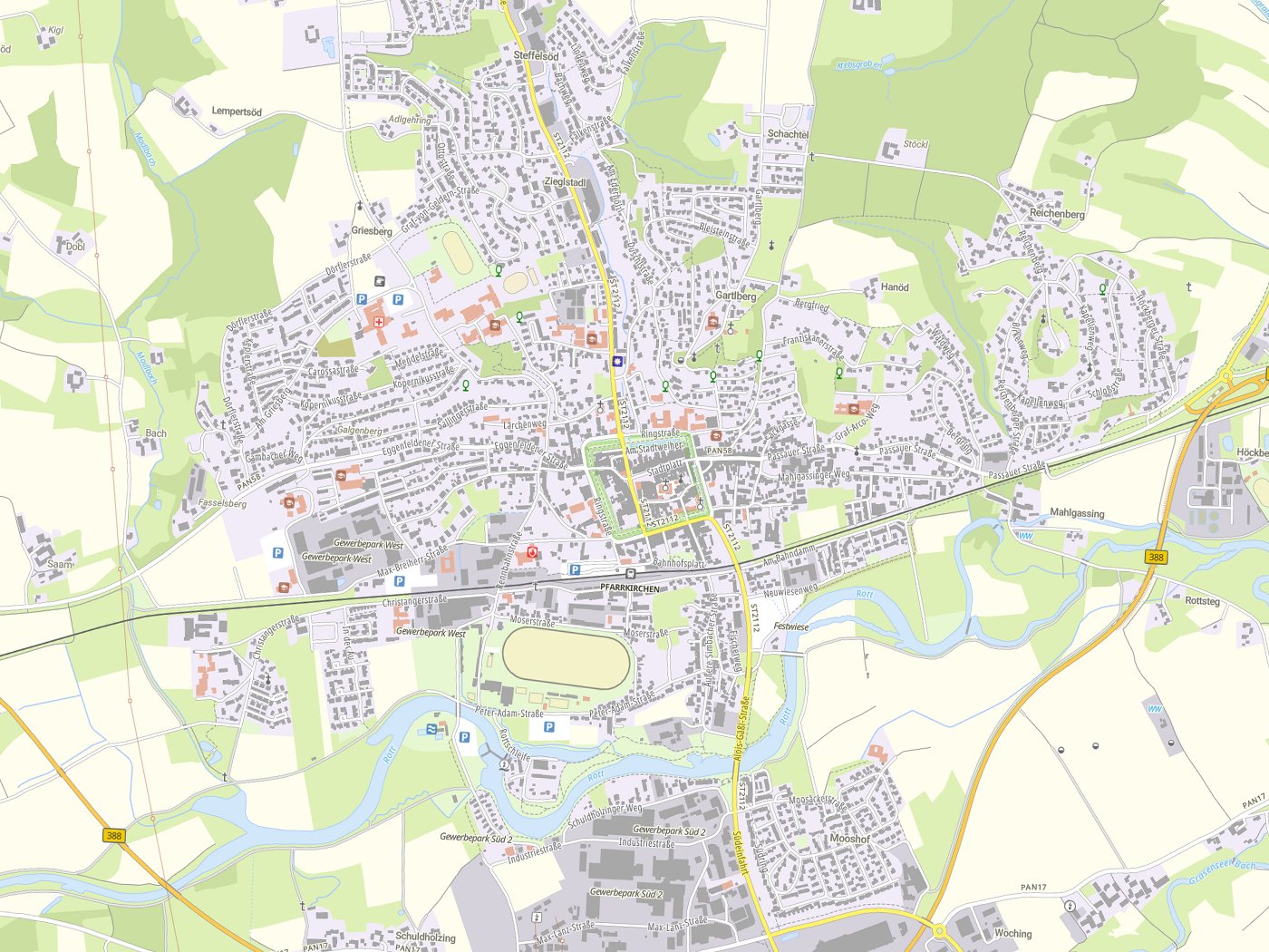 Kartenausschnitt Pfarrkirchen mit Gewässern