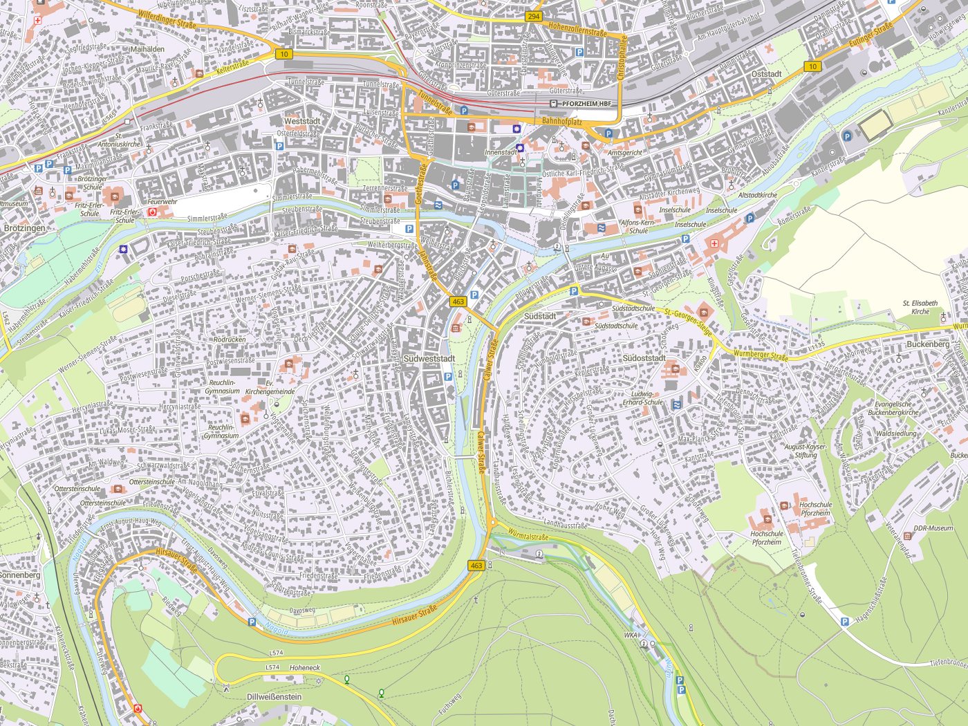 Kartenausschnitt Pforzheim mit Gewässern