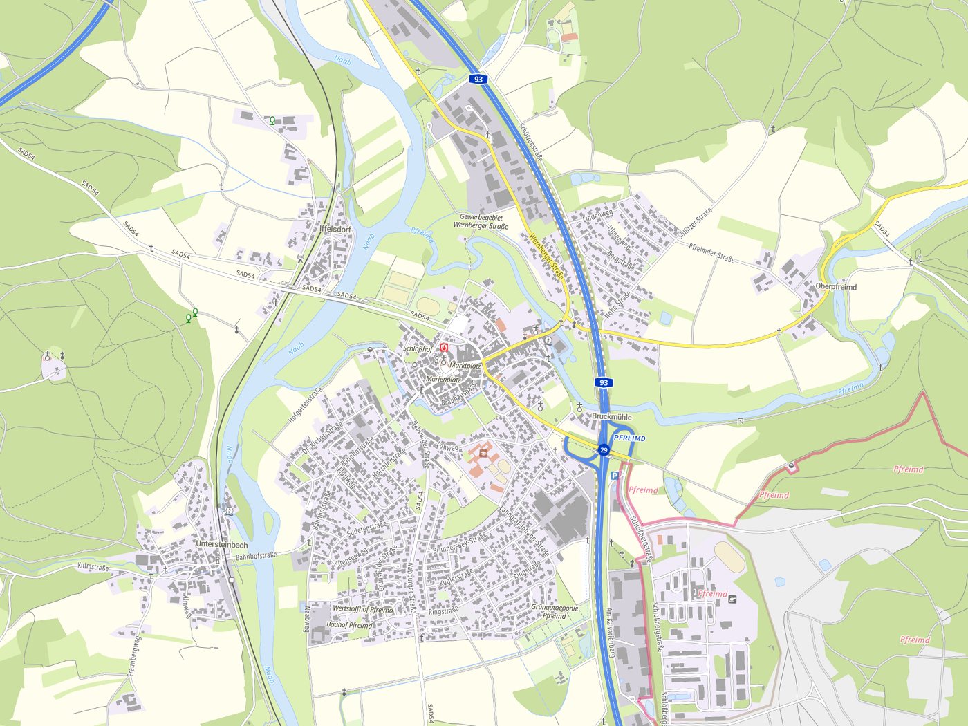Kartenausschnitt Pfreimd mit Gewässern