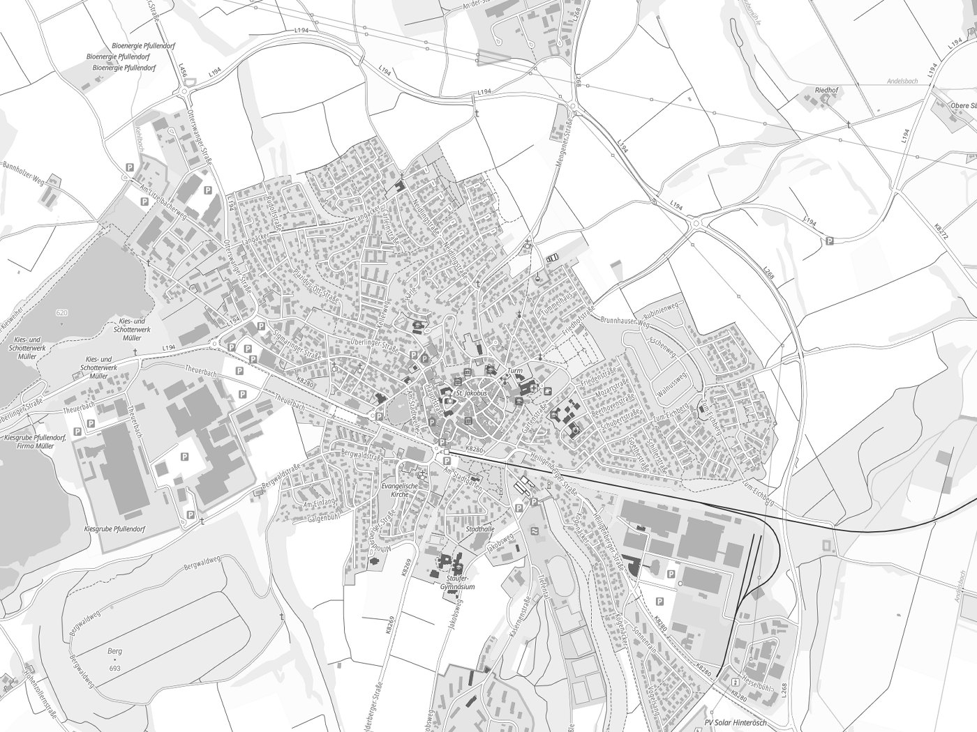 Kartenausschnitt Pfullendorf mit Gewässern