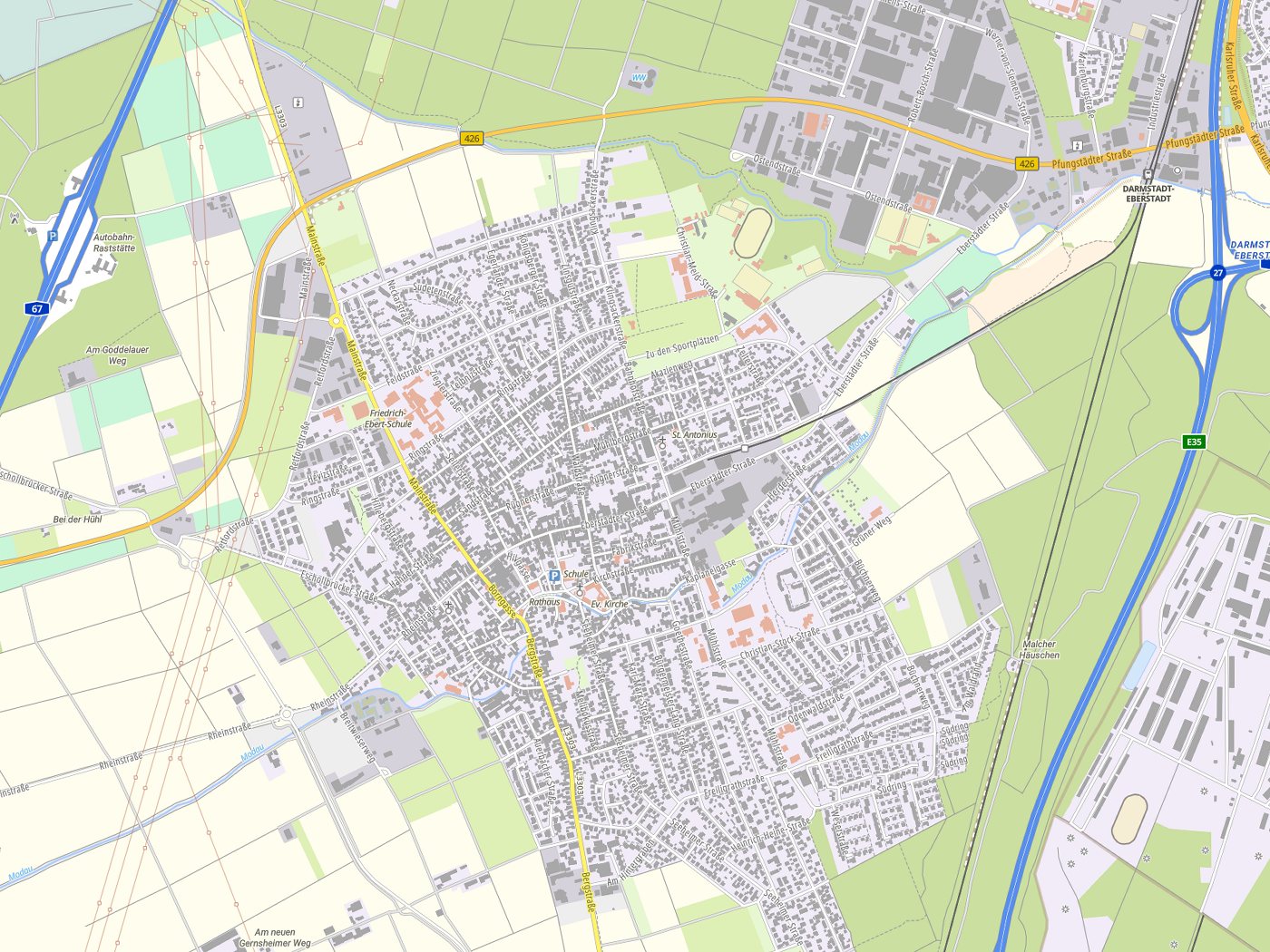 Kartenausschnitt Pfungstadt mit Gewässern
