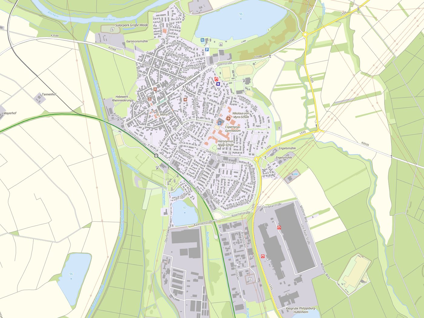 Kartenausschnitt Philippsburg mit Gewässern