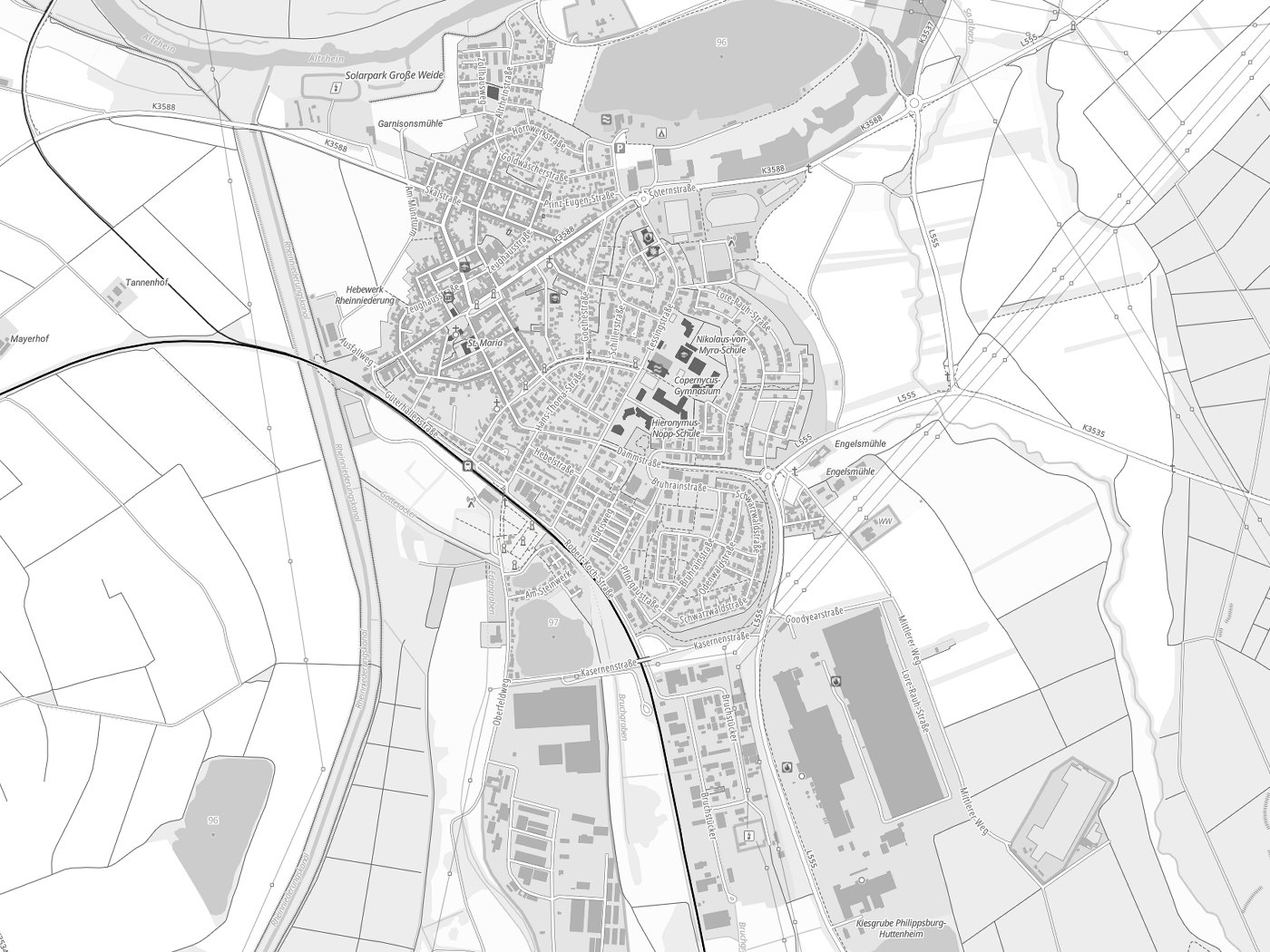 Kartenausschnitt Philippsburg mit Gewässern