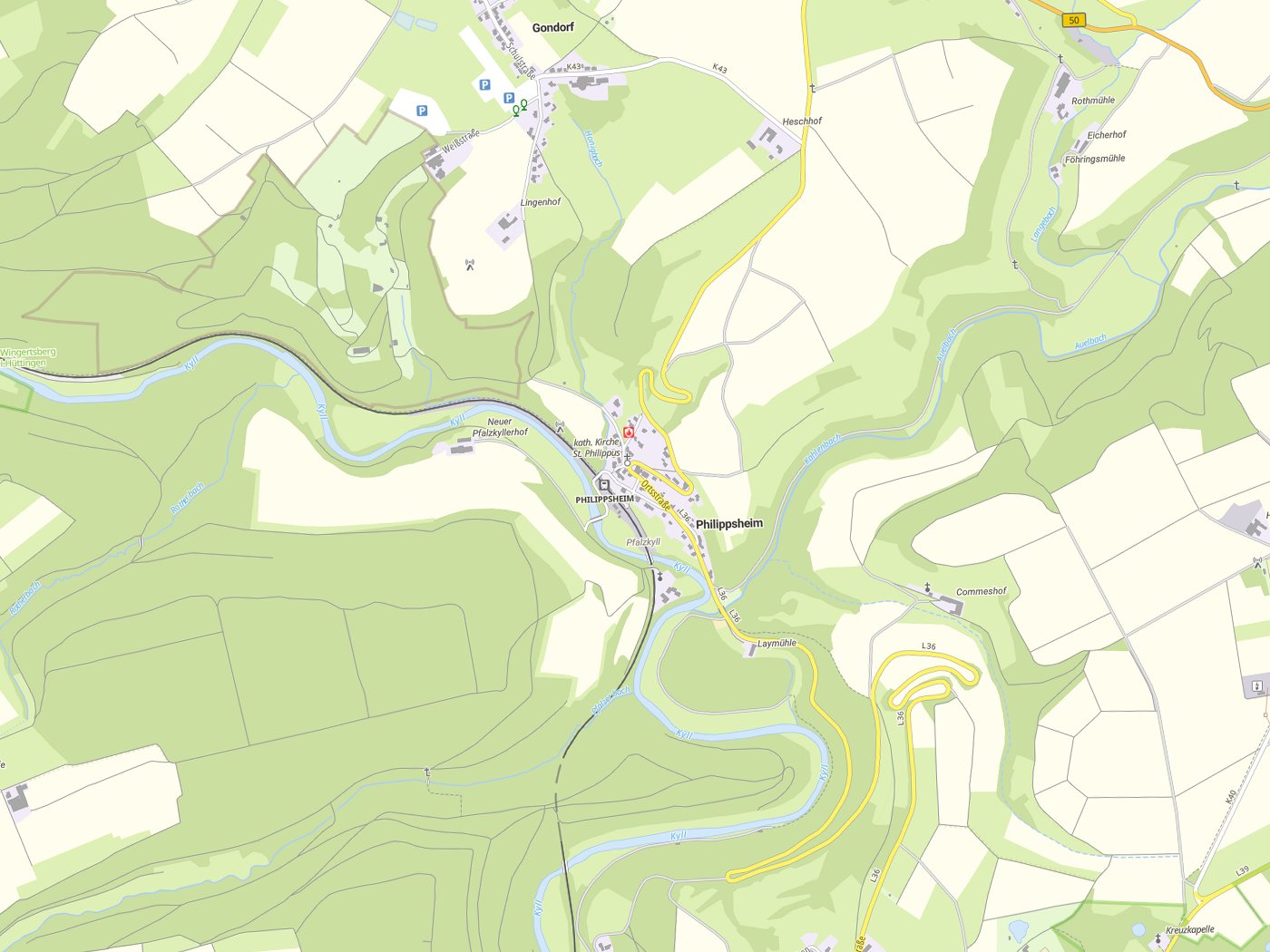 Kartenausschnitt Philippsheim mit Gewässern