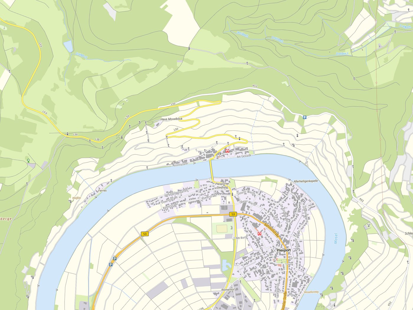Kartenausschnitt Piesport mit Gewässern