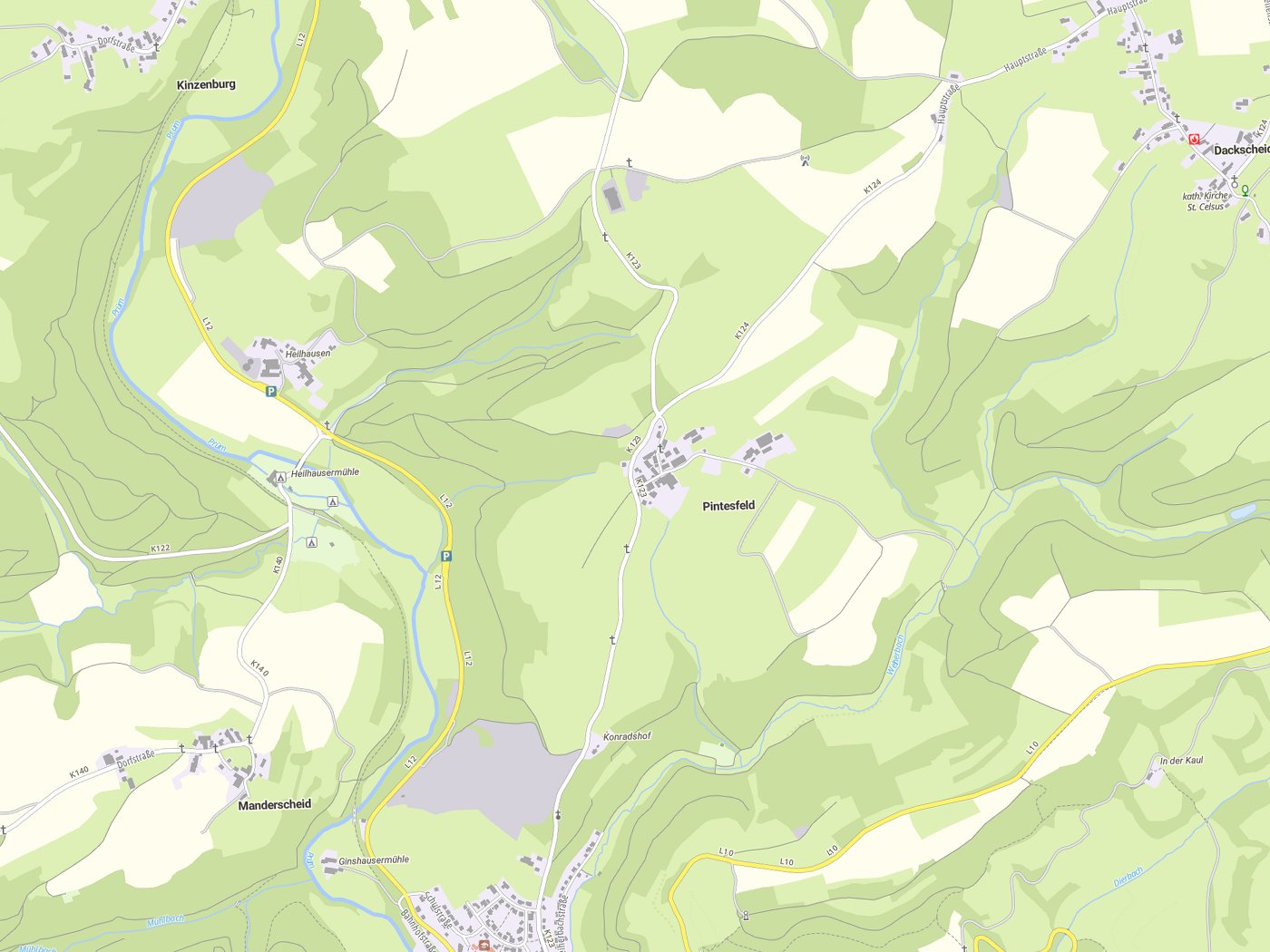 Kartenausschnitt Pintesfeld mit Gewässern