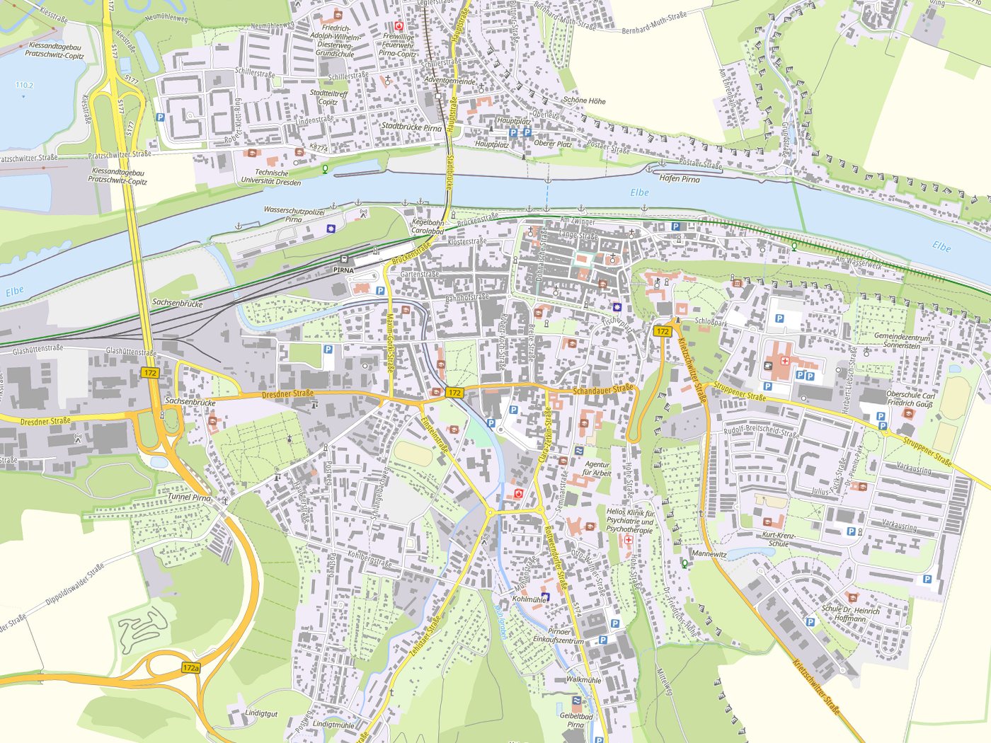 Kartenausschnitt Pirna mit Gewässern