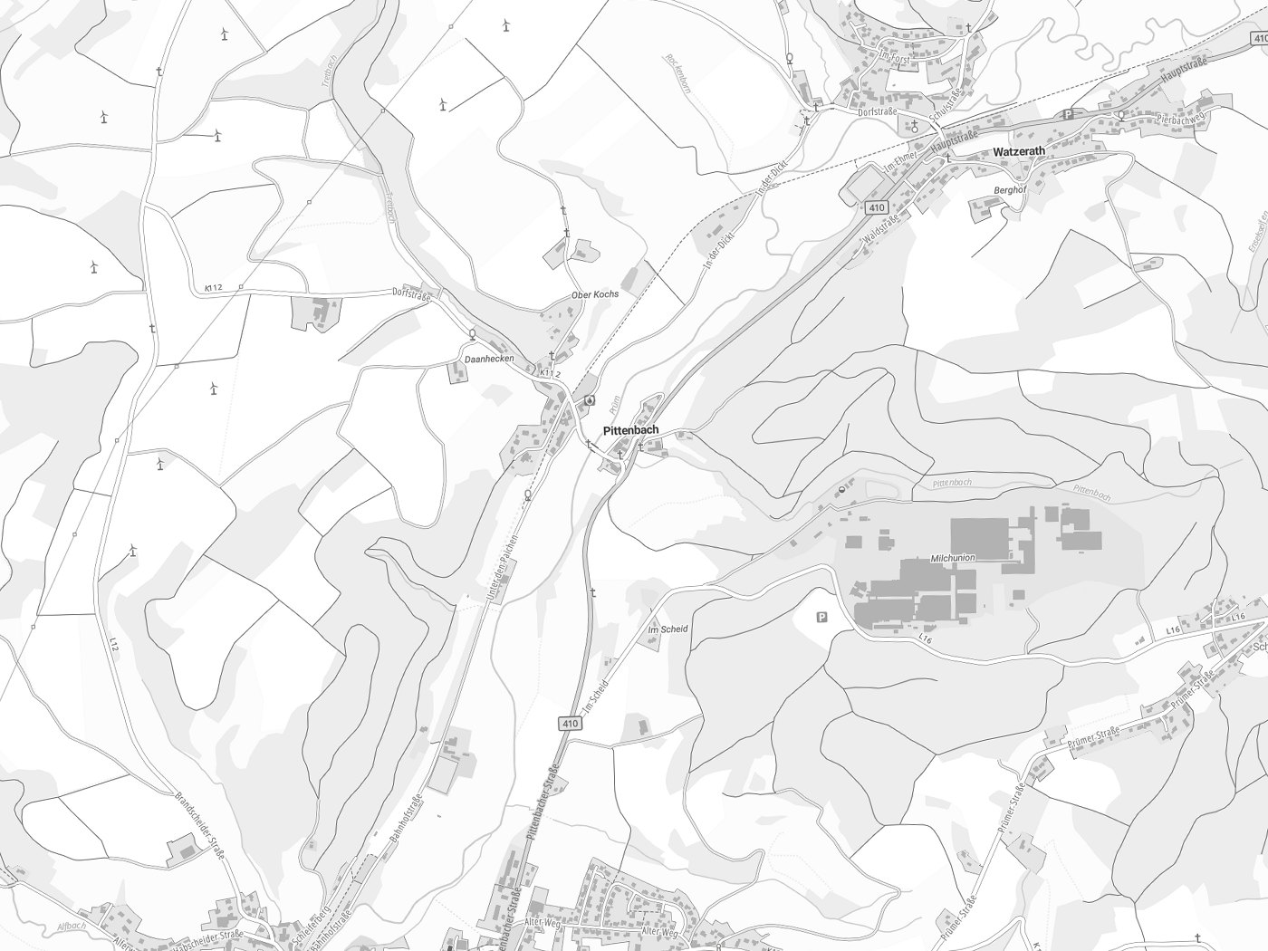 Kartenausschnitt Pittenbach mit Gewässern