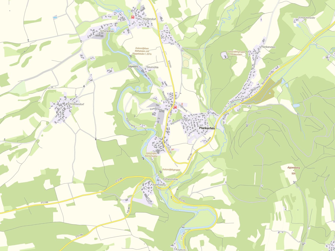 Kartenausschnitt Plankenfels mit Gewässern