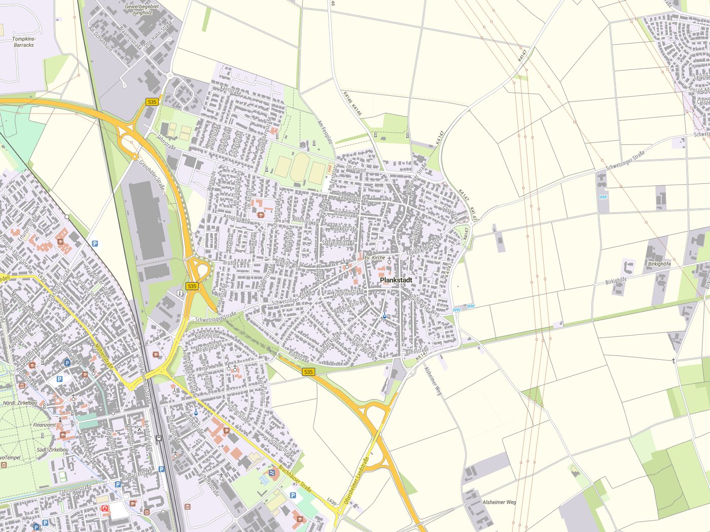 Kartenausschnitt Plankstadt mit Gewässern