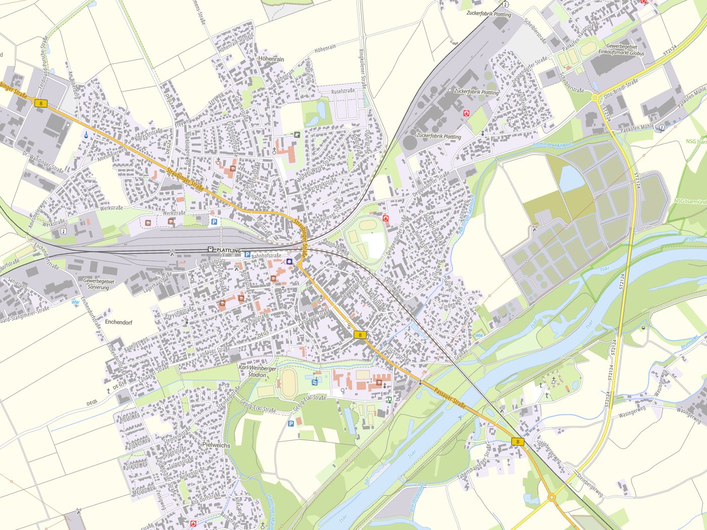 Kartenausschnitt Plattling mit Gewässern