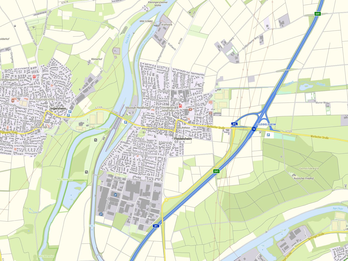 Kartenausschnitt Pleidelsheim mit Gewässern
