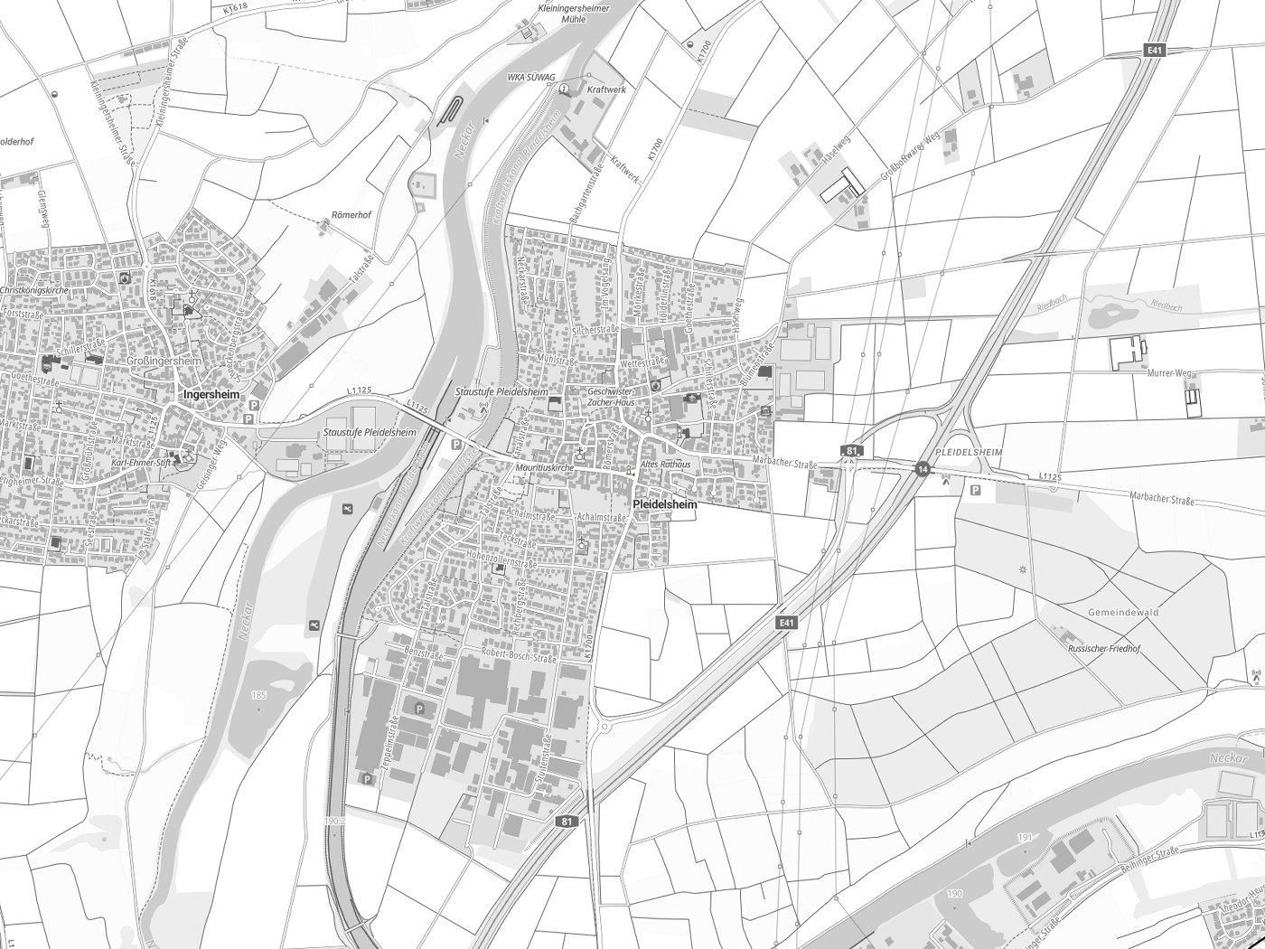 Kartenausschnitt Pleidelsheim mit Gewässern