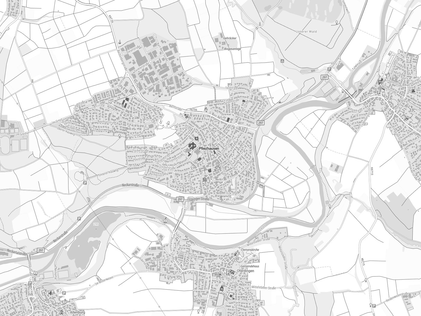 Kartenausschnitt Pliezhausen mit Gewässern