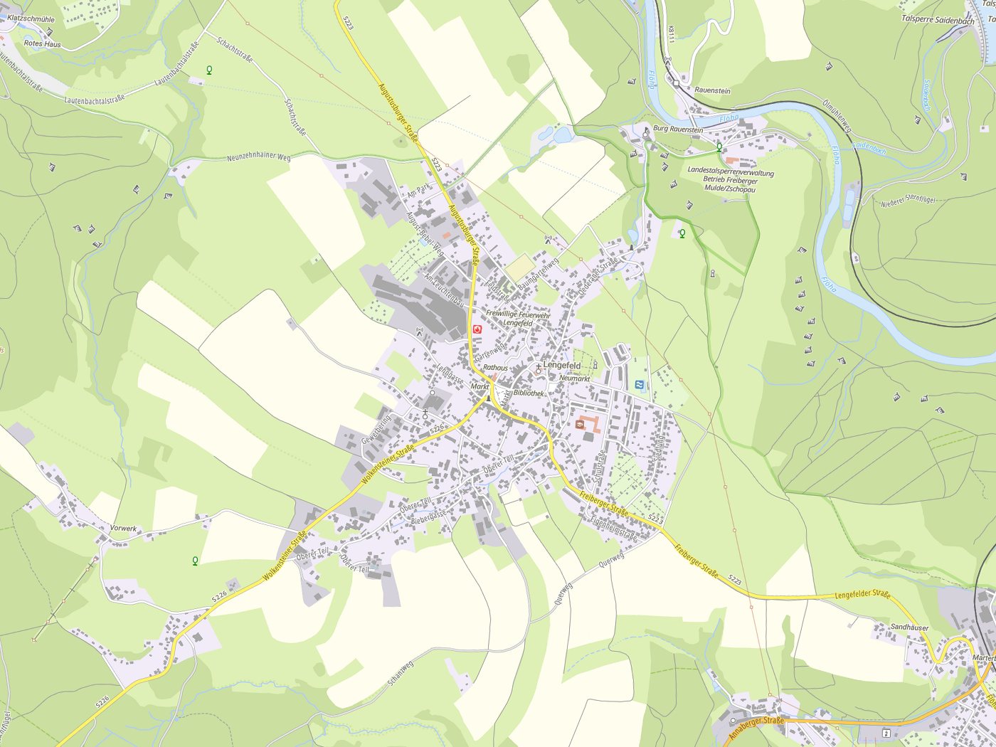 Kartenausschnitt Pockau-Lengefeld mit Gewässern
