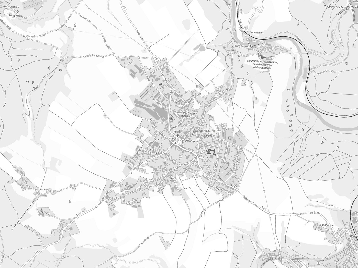 Kartenausschnitt Pockau-Lengefeld mit Gewässern