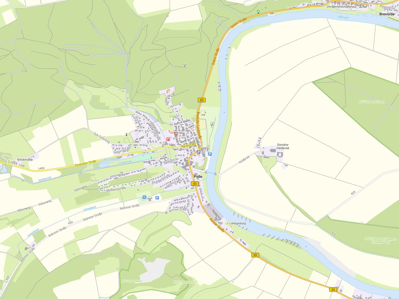 Kartenausschnitt Polle mit Gewässern