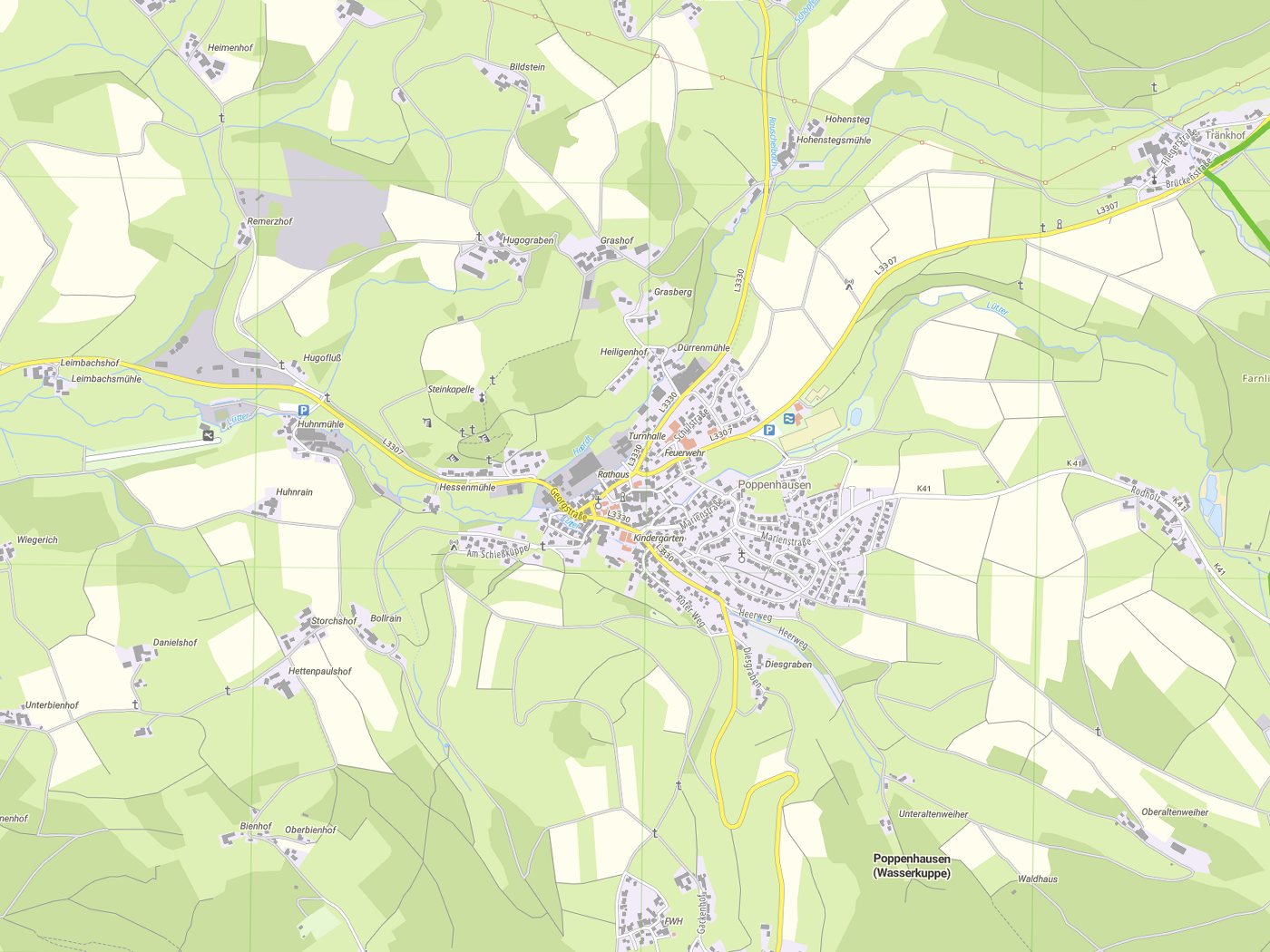 Kartenausschnitt Poppenhausen (Wasserkuppe) mit Gewässern