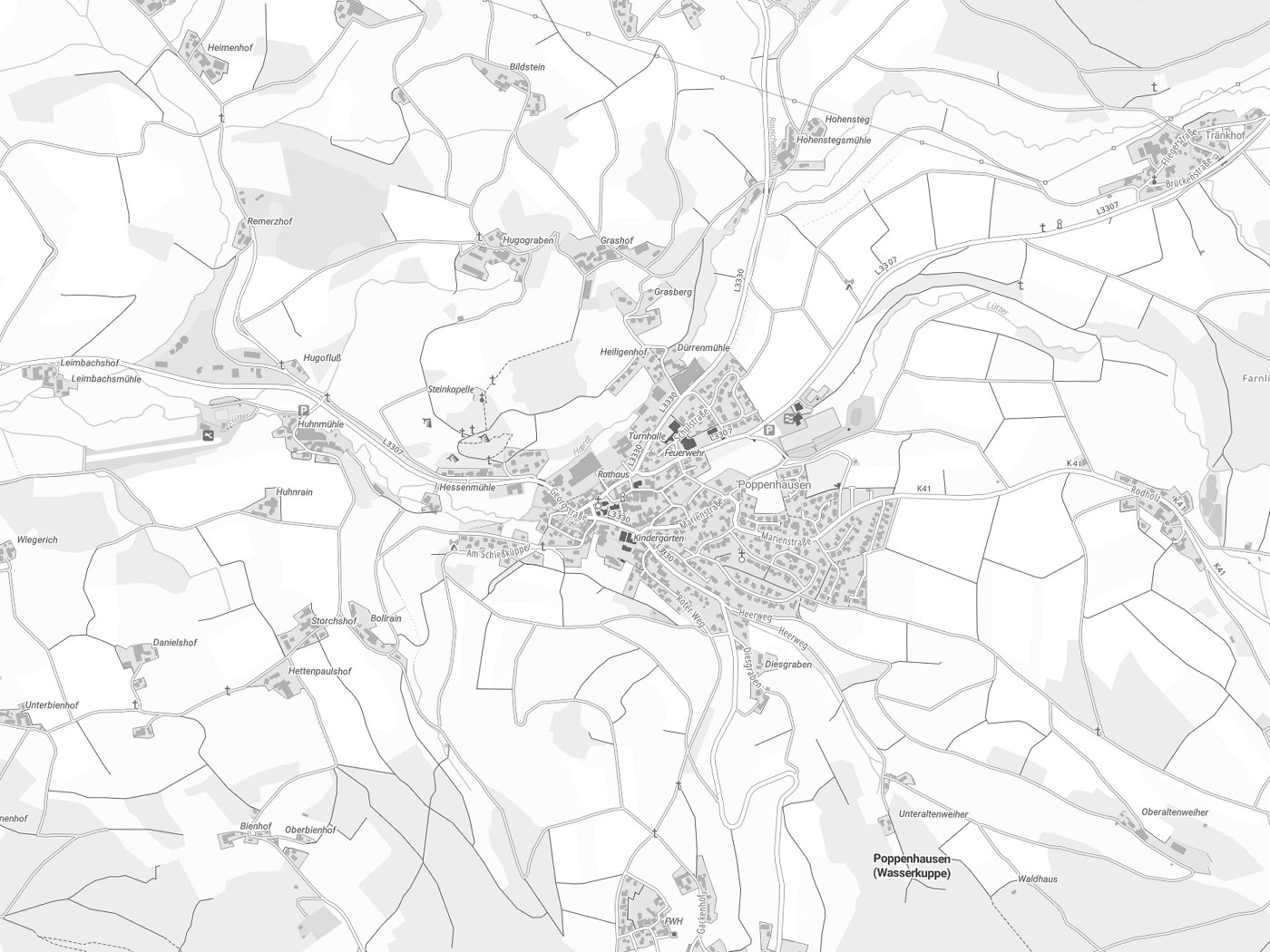 Kartenausschnitt Poppenhausen (Wasserkuppe) mit Gewässern
