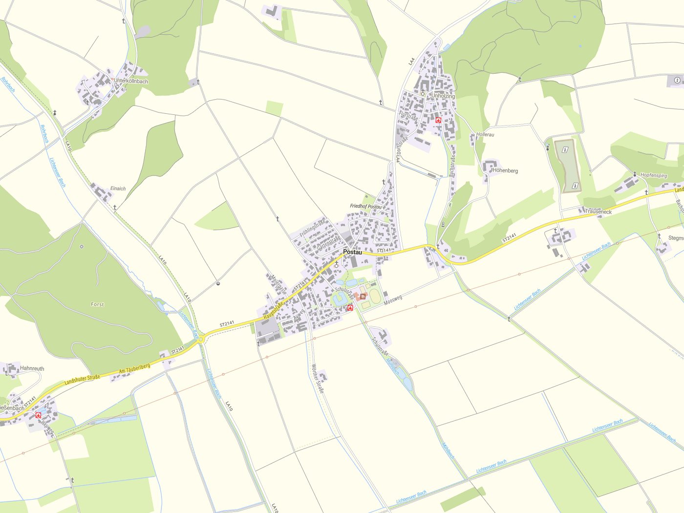 Kartenausschnitt Postau mit Gewässern
