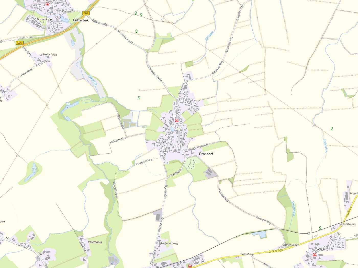 Kartenausschnitt Prasdorf mit Gewässern