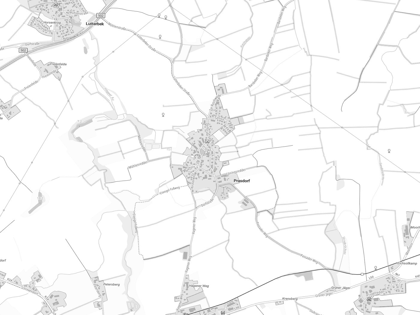 Kartenausschnitt Prasdorf mit Gewässern
