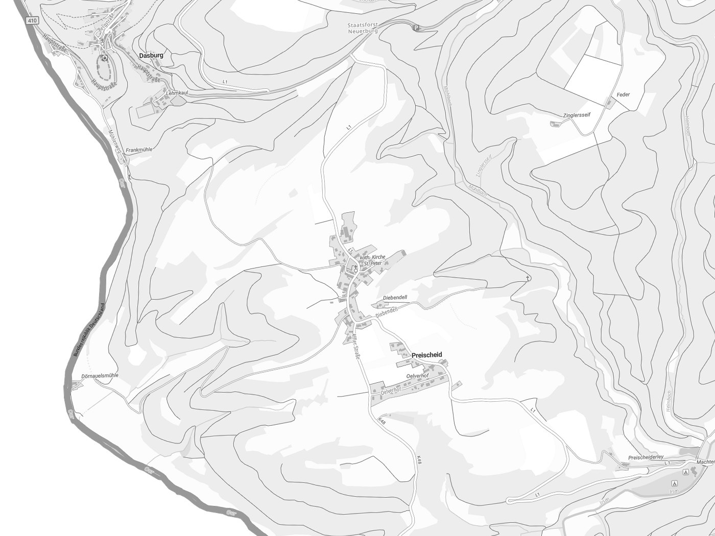 Kartenausschnitt Preischeid mit Gewässern