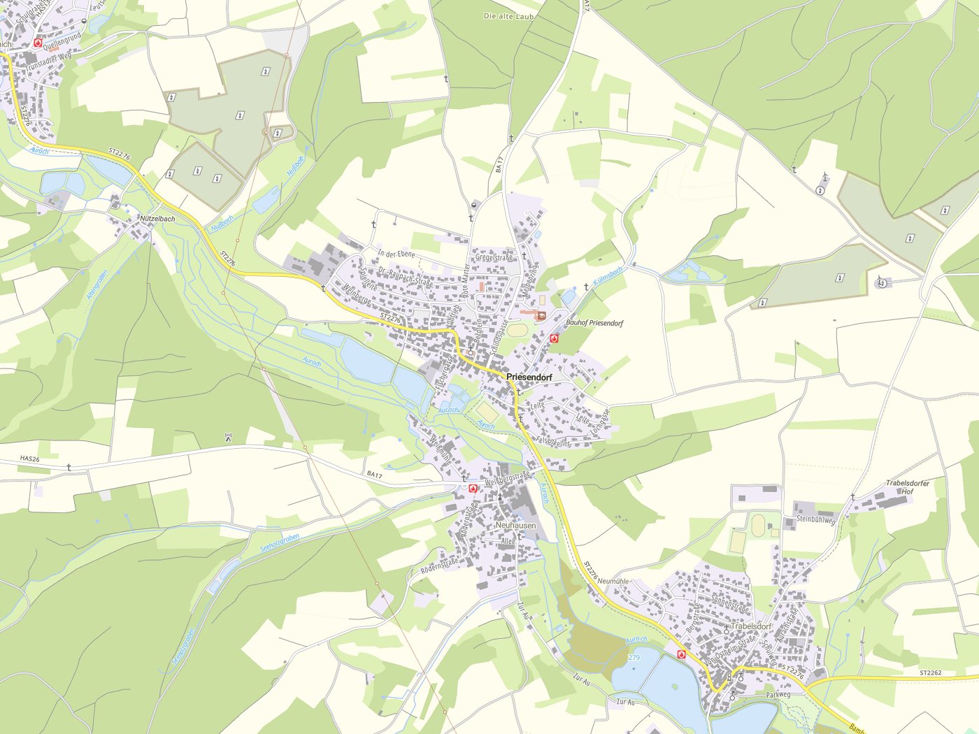 Kartenausschnitt Priesendorf mit Gewässern