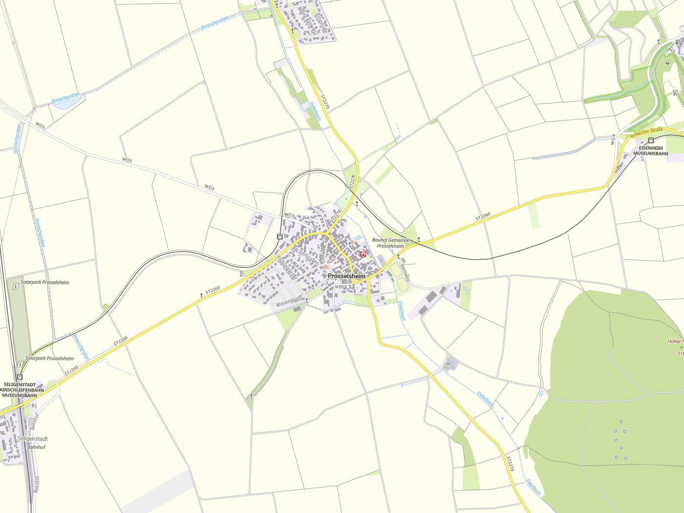 Kartenausschnitt Prosselsheim mit Gewässern