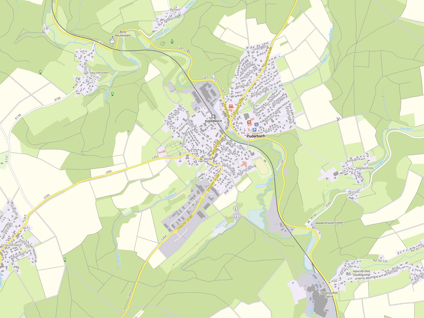 Kartenausschnitt Puderbach mit Gewässern