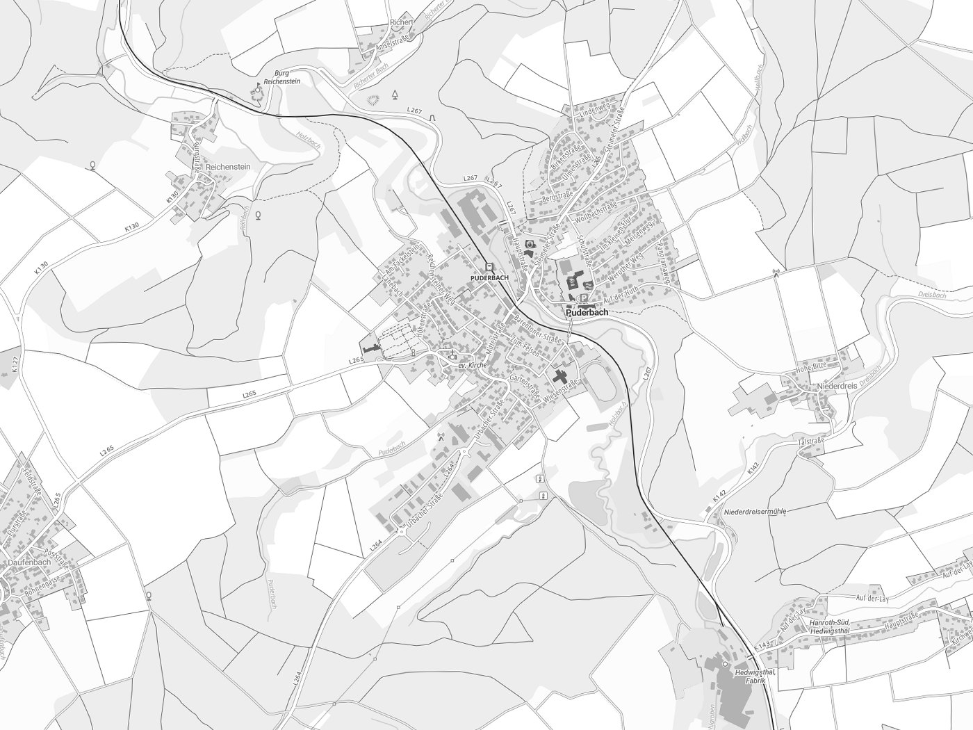 Kartenausschnitt Puderbach mit Gewässern