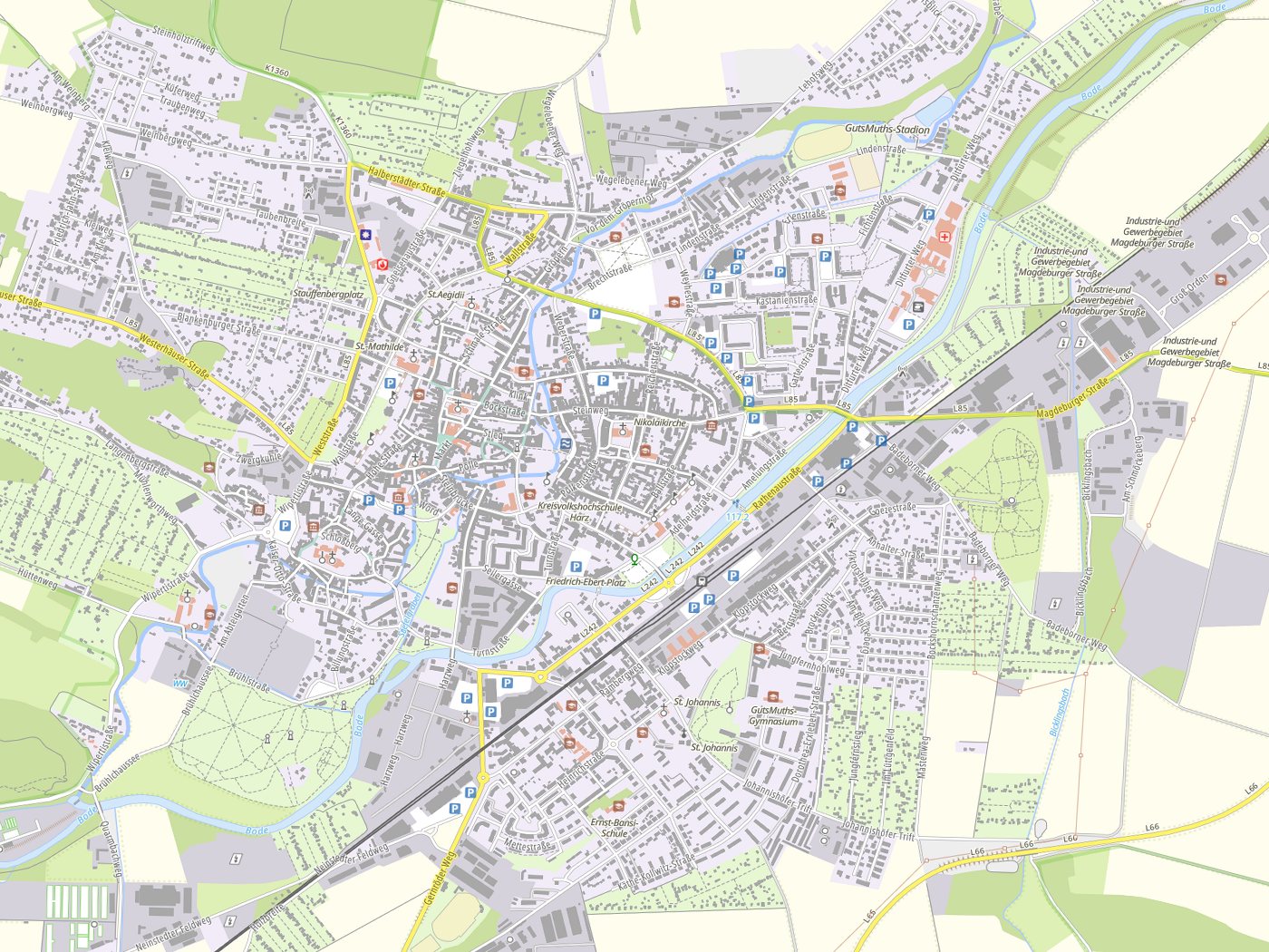 Kartenausschnitt Quedlinburg mit Gewässern