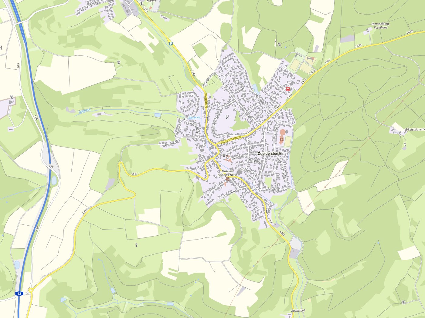 Kartenausschnitt Queidersbach mit Gewässern