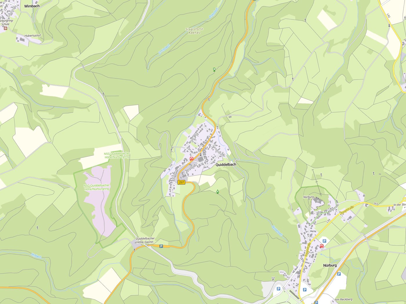 Kartenausschnitt Quiddelbach mit Gewässern