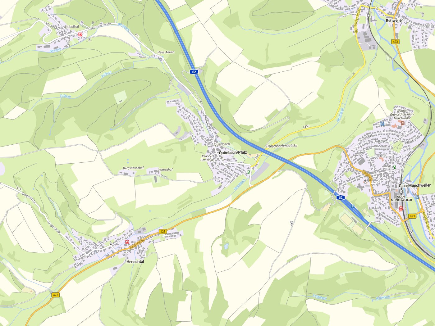 Kartenausschnitt Quirnbach/ Pfalz mit Gewässern