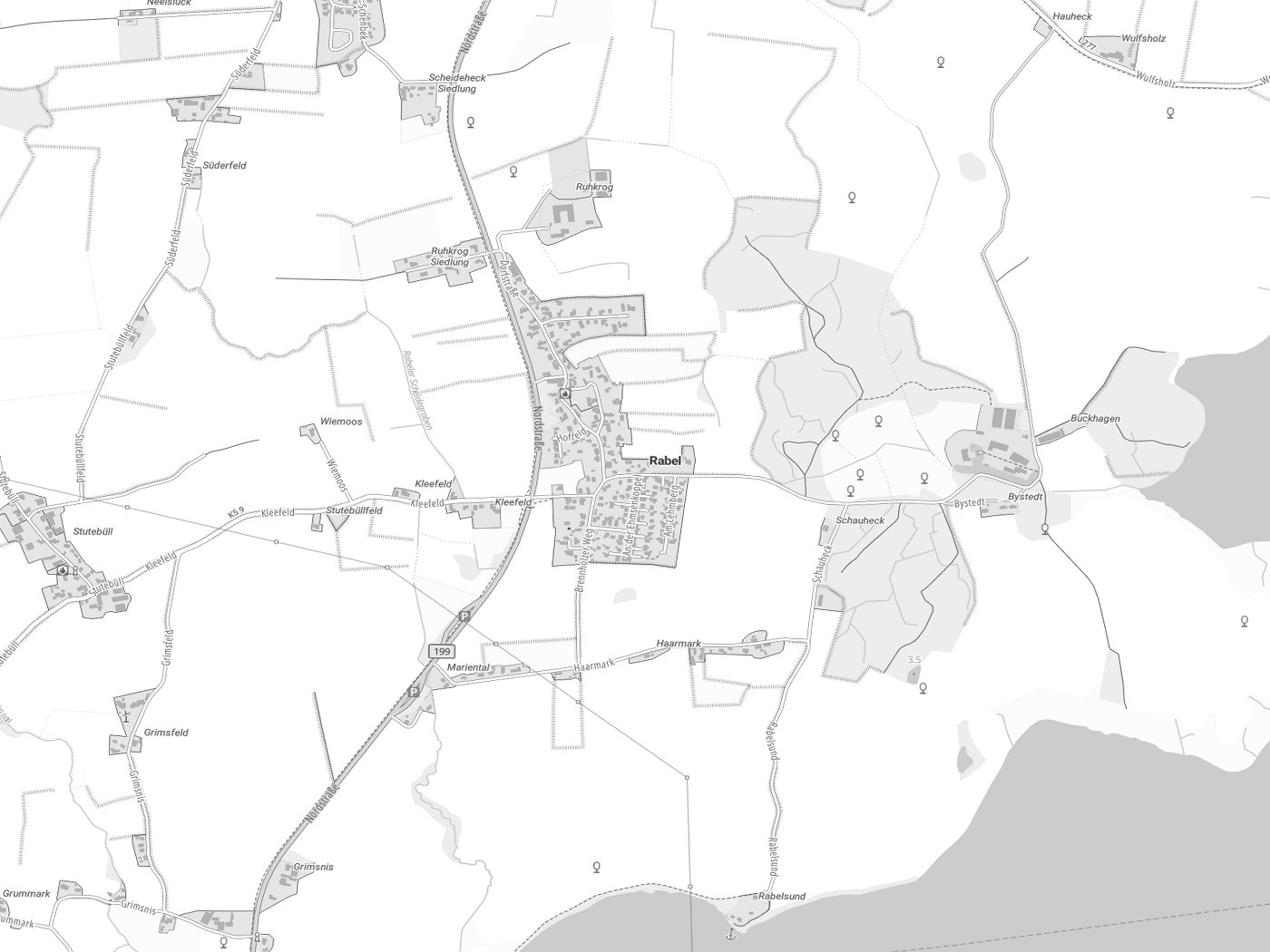 Kartenausschnitt Rabel mit Gewässern