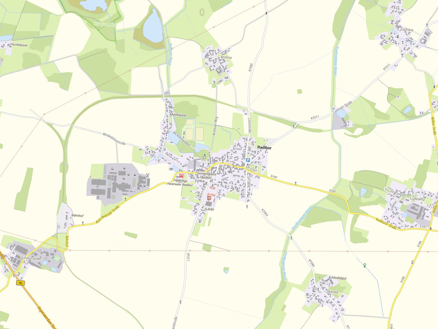 Kartenausschnitt Radibor / Radwor mit Gewässern