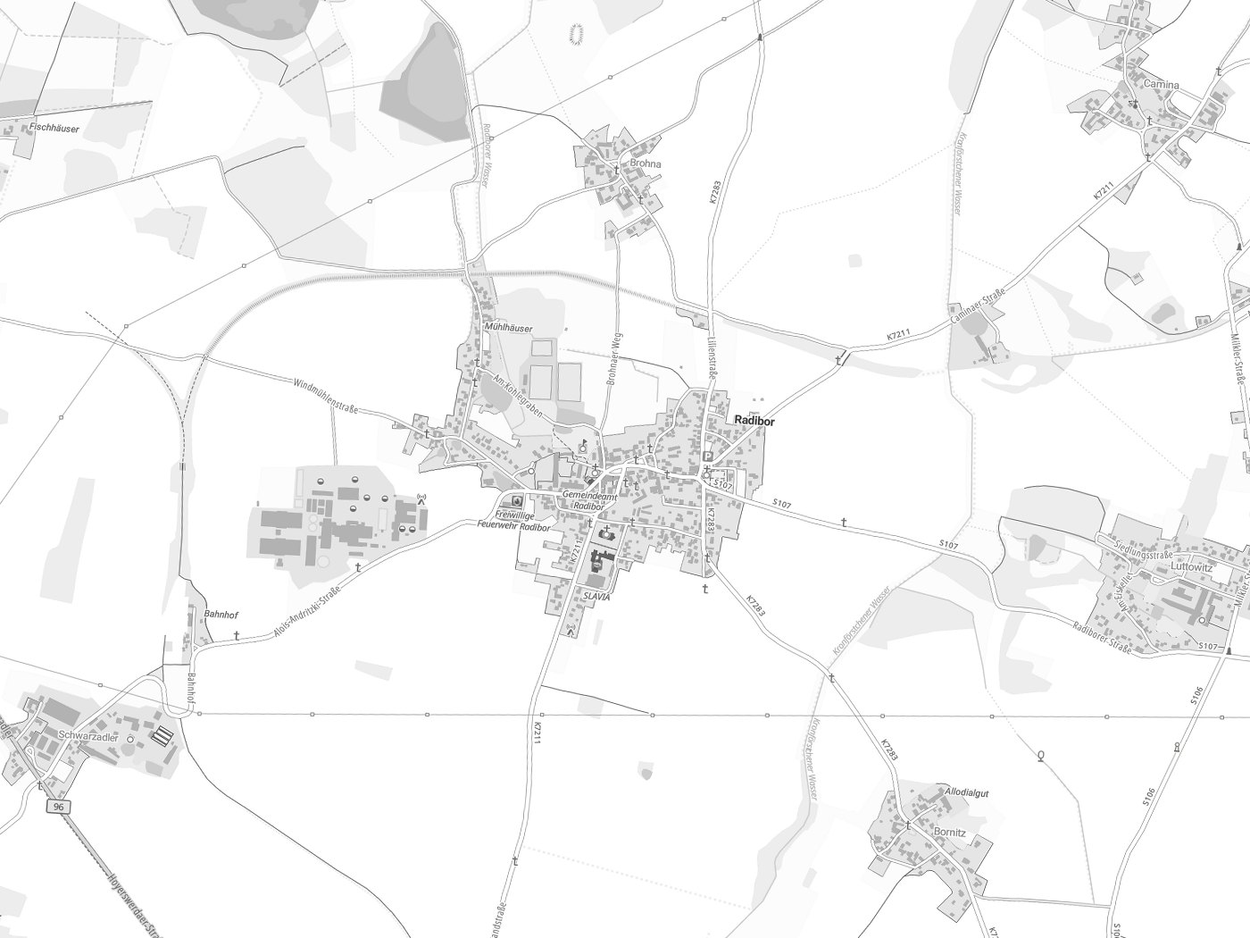 Kartenausschnitt Radibor / Radwor mit Gewässern