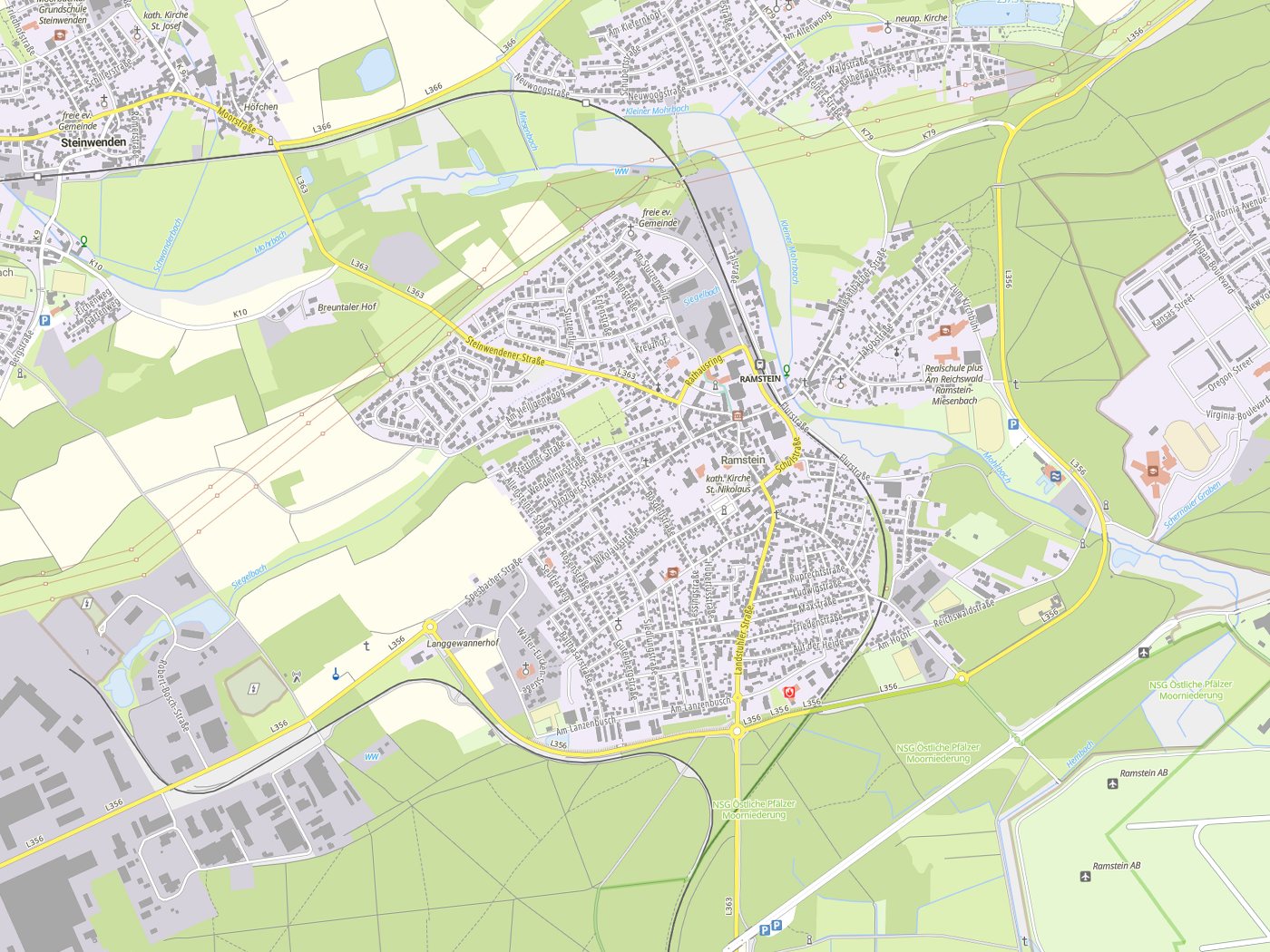 Kartenausschnitt Ramstein-Miesenbach mit Gewässern