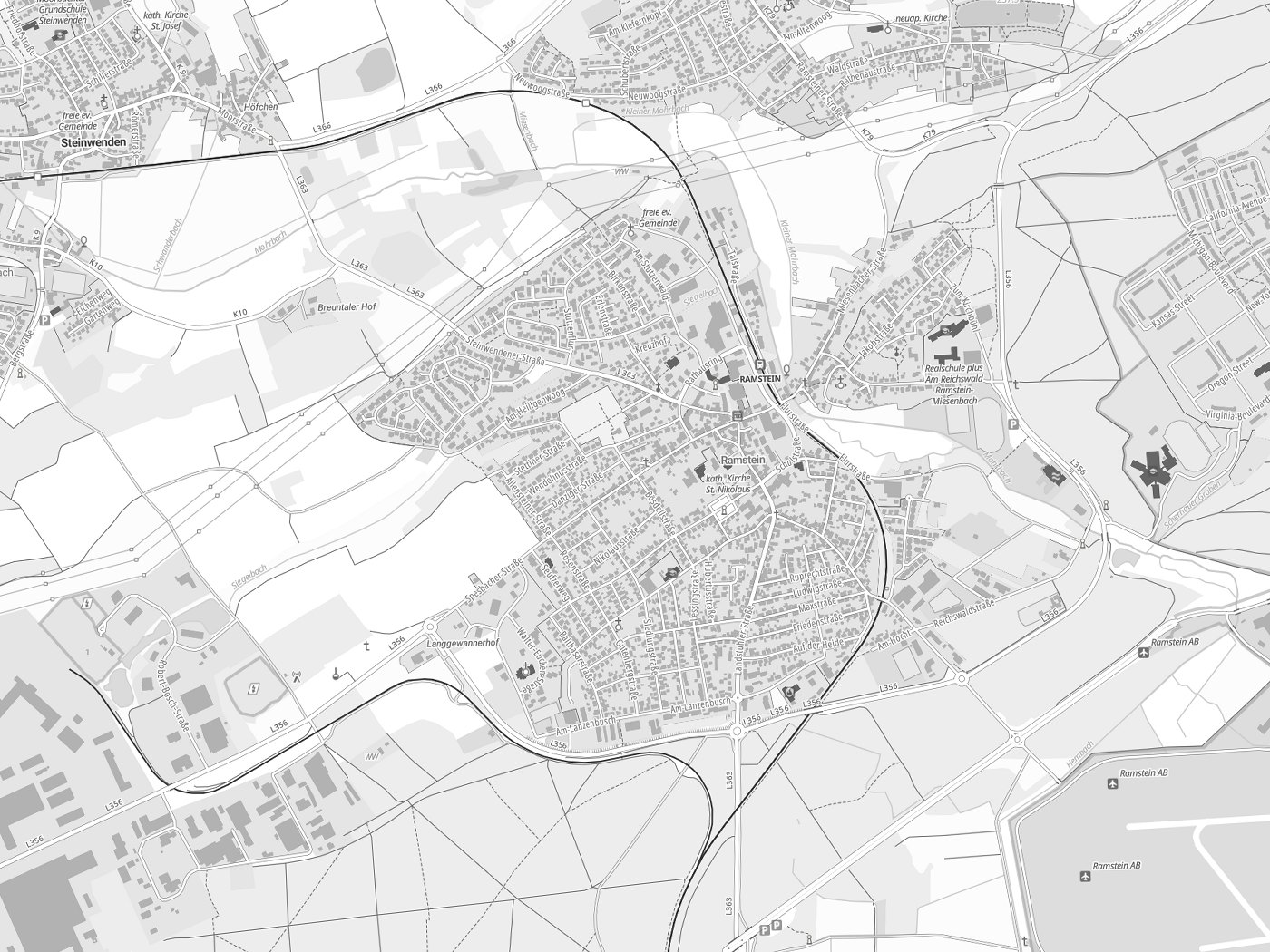Kartenausschnitt Ramstein-Miesenbach mit Gewässern