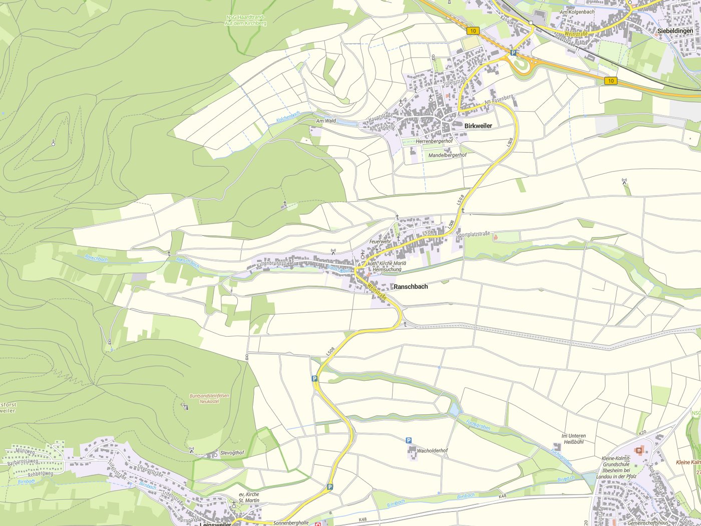 Kartenausschnitt Ranschbach mit Gewässern