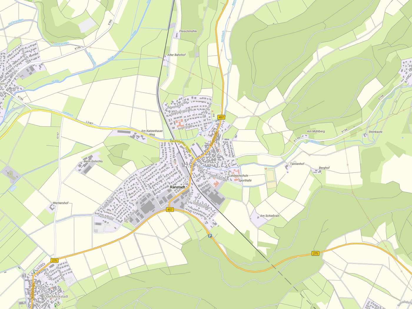 Kartenausschnitt Ranstadt mit Gewässern