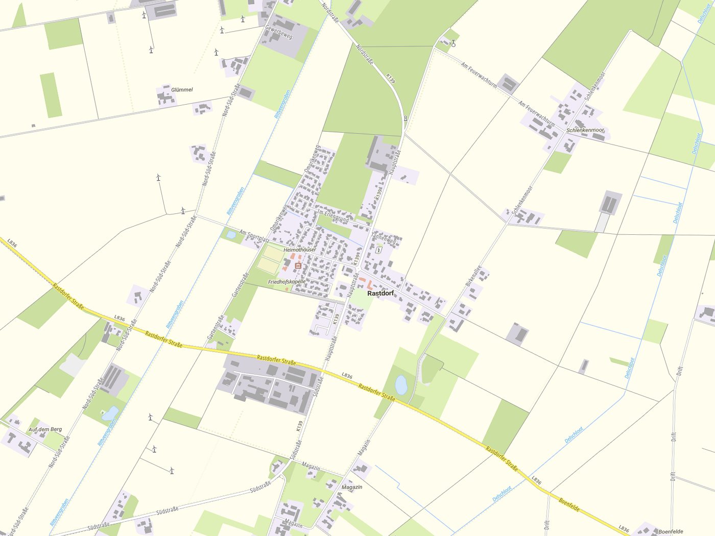 Kartenausschnitt Rastdorf mit Gewässern