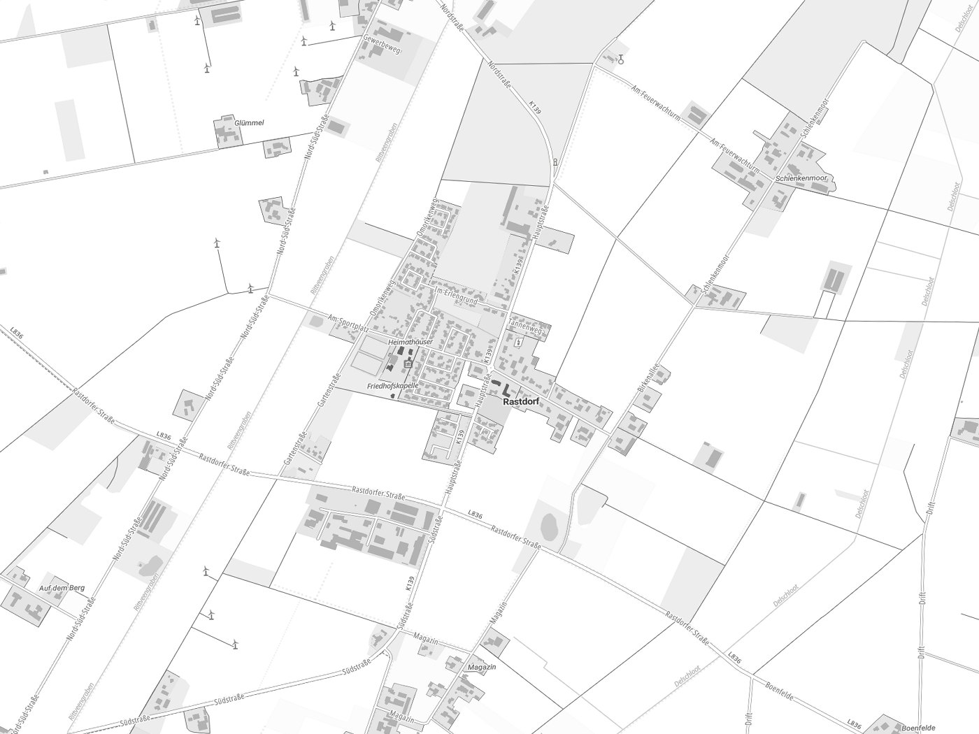 Kartenausschnitt Rastdorf mit Gewässern