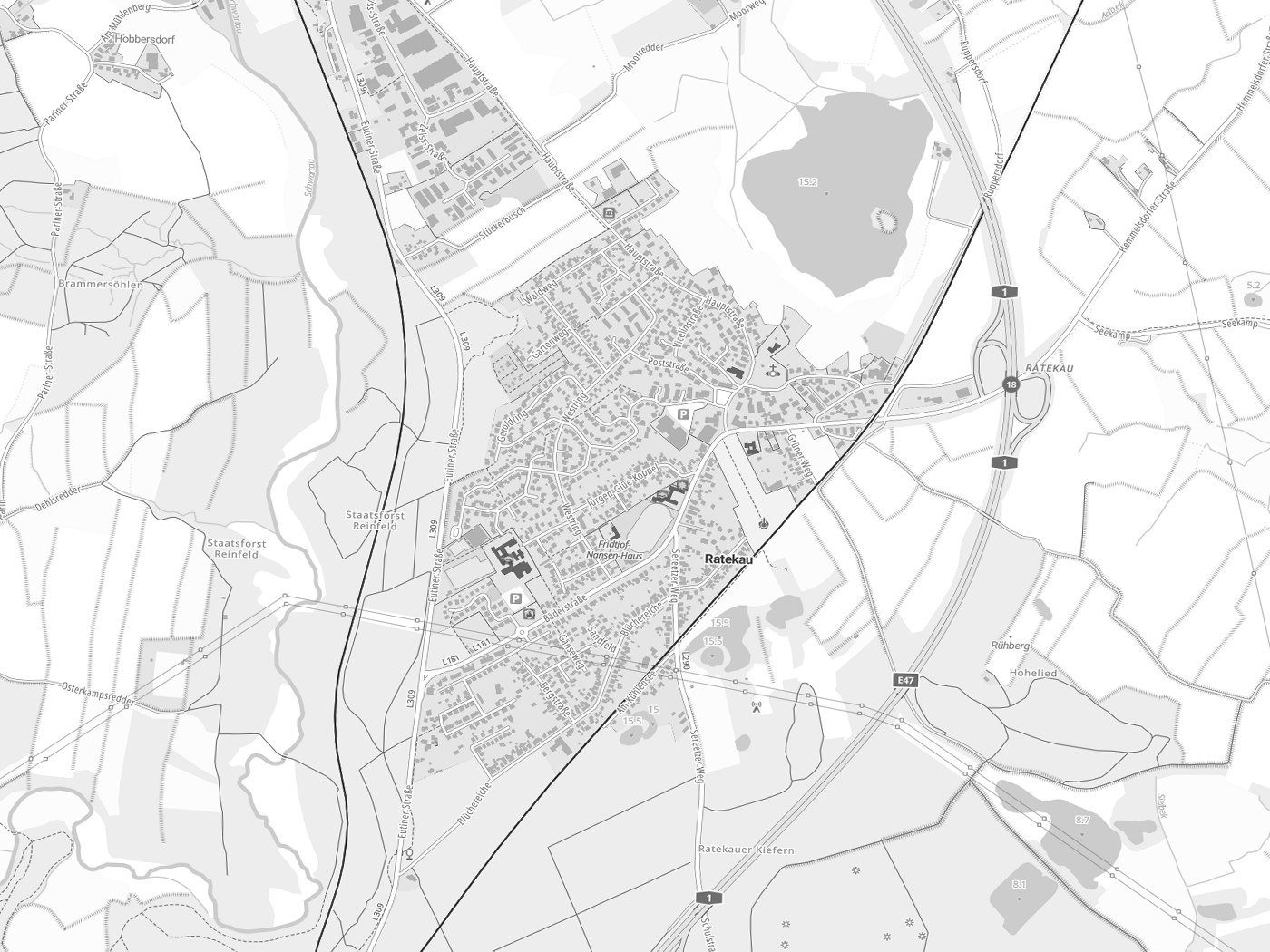 Kartenausschnitt Ratekau mit Gewässern