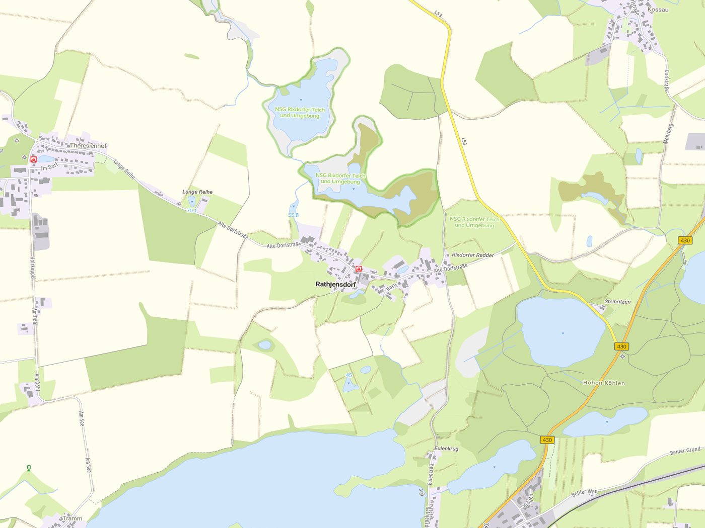 Kartenausschnitt Rathjensdorf mit Gewässern
